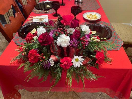 Huge red roses, white and red mums, daisies, orchids