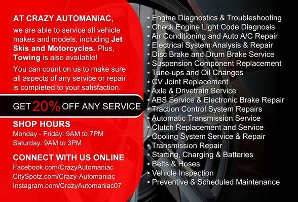 Crazy Automaniac | Auto Mechanics, Auto Repair | All Models | Winter Park, Fl | Get 20% Off