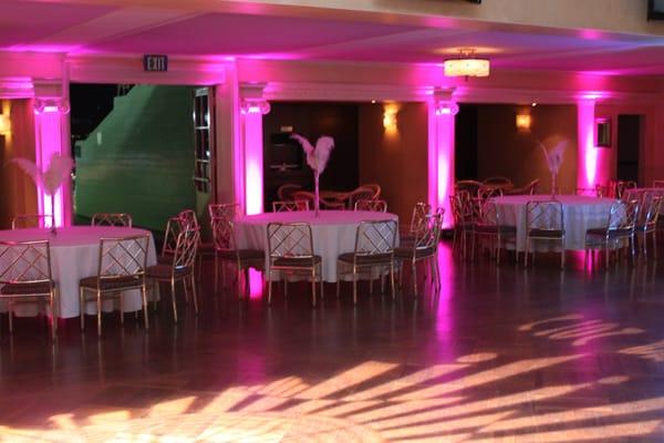 Make your reception the talk of the town with our rainbow of uplights and custom monograms.