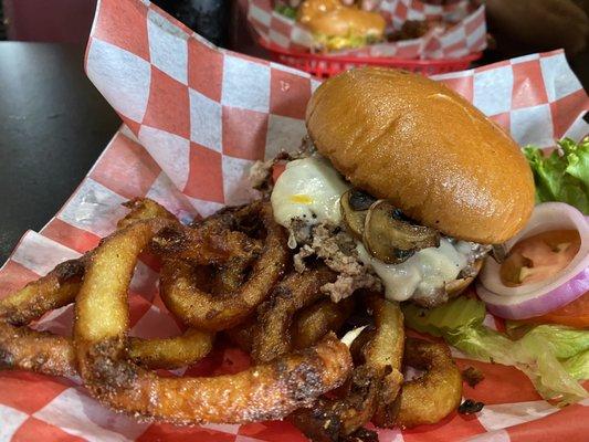 Mushroom Swiss and Beer Battered Onion Rings