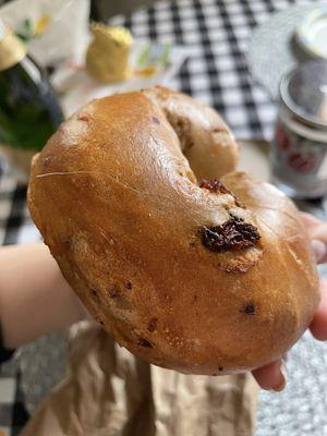 Cinnamon raisin bagel with hair baked into it.