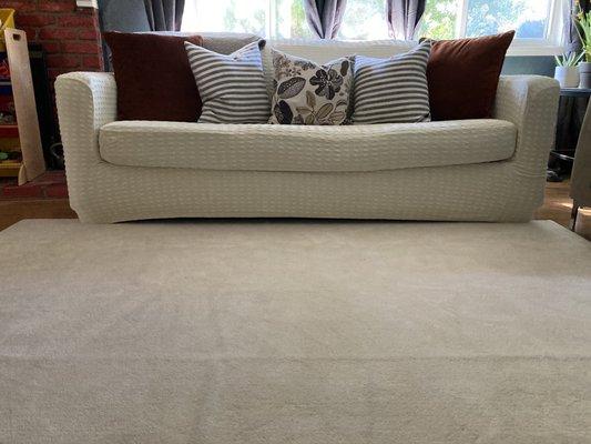 Subrtext 5x9 cream rug. Very soft and durable.  Cream couch cover, easy to put and very soft