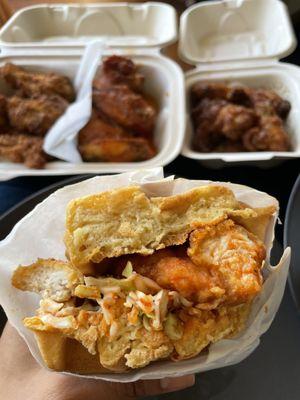 Ultra Waffle Sandwich (half), Thai Wings, Jerk Wings, Chris's Wings