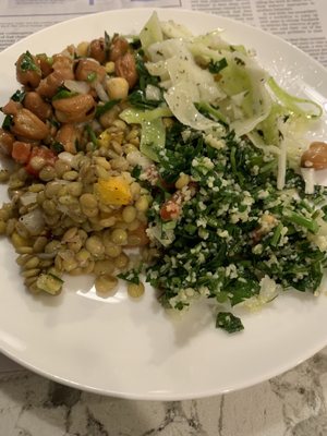 Lentil salad, bean salad, tabouli, cabbage salad.