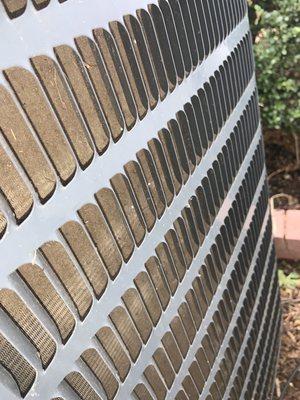 Home inspection, Clogged condenser coils. We recommend cleaning for proper function and efficiency.