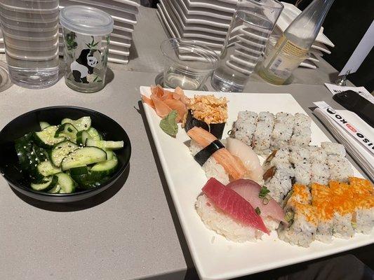 Cucumber salad and sushi