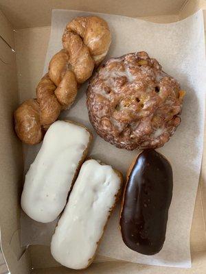 Long Johns (vanilla and chocolate), Apple fritter, cinnamon twist