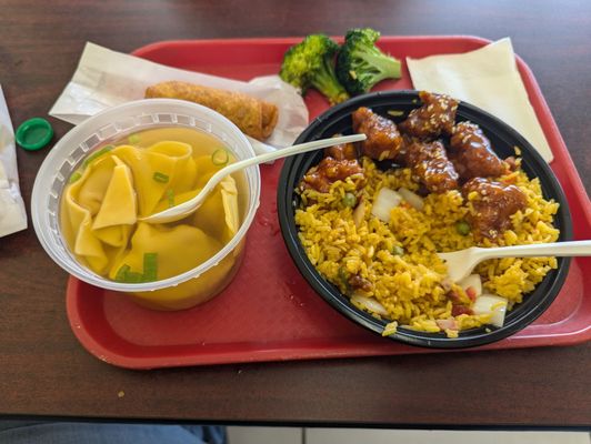 Sesame chicken , pork fried rice , wonton soup , and egg roll. Very Good