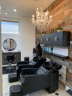 Shampoo chairs & a stylist station