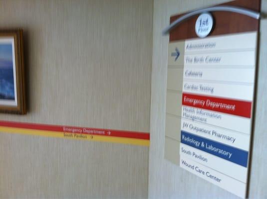 Lots of clear signage. The striped on the wall are for specific departments like ER and have arrows on them to direct you.