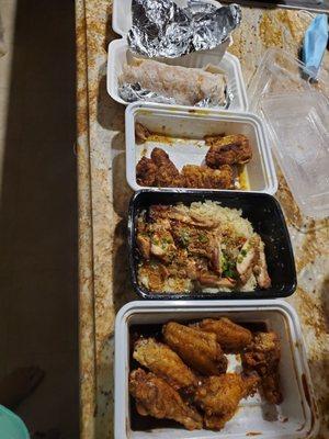 Korean burrito, chicken wings, chicken and rice dish. $70 worth of food.