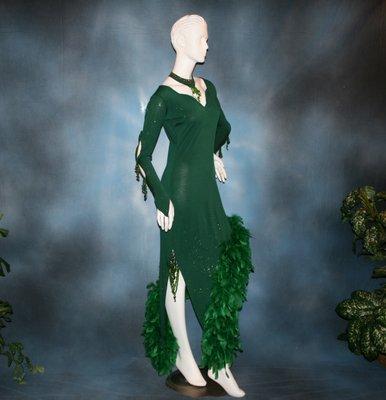 Deep emerald green Latin-rhythm dress with feathers, hand beading & gold aurum Swarovski rhinestone work.