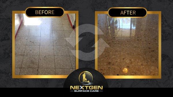 Terrazzo Floor Restoration. This floor was over 15 years old and had never been restored. We honed it, polished, and sealed.