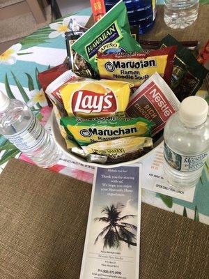 Complimentary snacks and waters