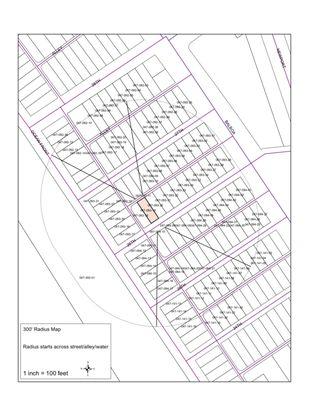 Special requirement Example. Radius starts across streets, alleys and waterways.