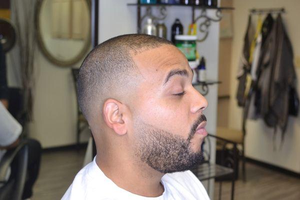 The "thinning hair" haircut , faded in and lined-up beard