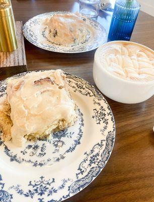 Apple cinnamon roll, chocolate chip biscuit,and honeybee latte on the right.