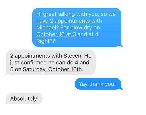 My confirmation from Lindsay Chastain on March 20 confirming my hair appointment with Steven.