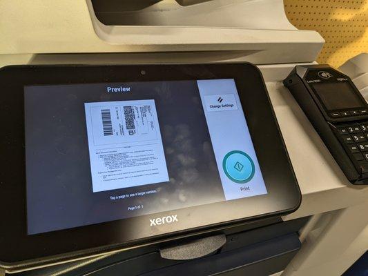 Close-up of my print preview on the touchscreen at one of the self-serve Xerox printer-copiers with payment device.