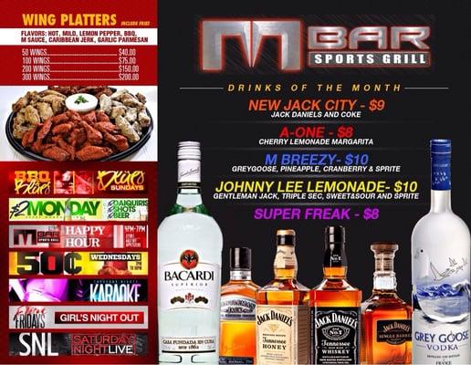 The M-Bar Sport Grill specialty drink menu.