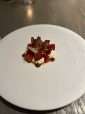 Local strawberries and pine nuts dessert (peep the pickled strawberries!)