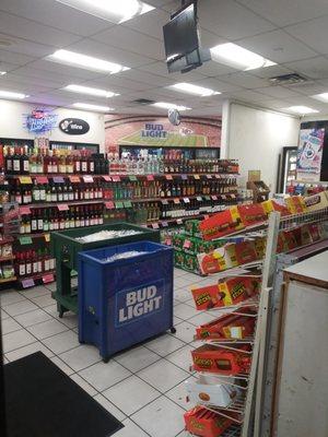 Wine, beer, liquor, and a wide variety of snacka and soft drinks.