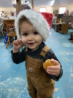 Ollie playing with the chicken nuggets in the kitchen set for sale!