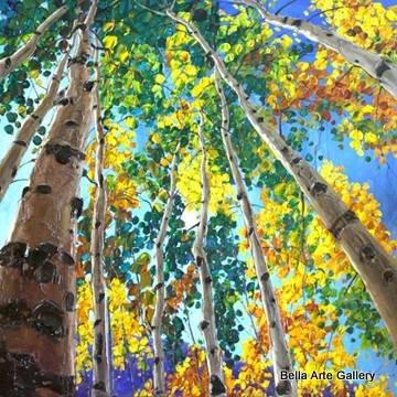 Jennifer Vranes, bringing the outdoors in with a palette knife in this stunning painting of Aspen trees starting to change colors.