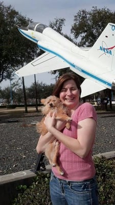 April White (pet nanny) and her dog Elmo.