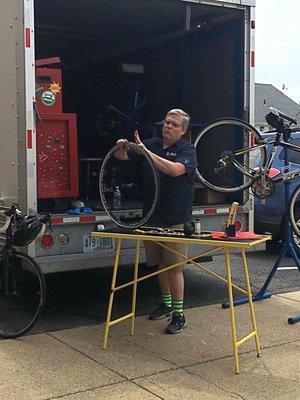 Pedalin' Fools offering advice on flat repair during a recent maintenance clinic.