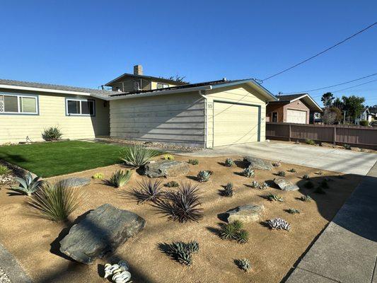 Pacifica old lawn converted to desert style landscape with artificial turf