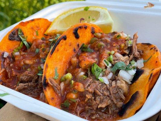 Birria tacos: chopped Birria, sauce, cilantro, and onions on a 4" corn tortilla. $3.50/ each