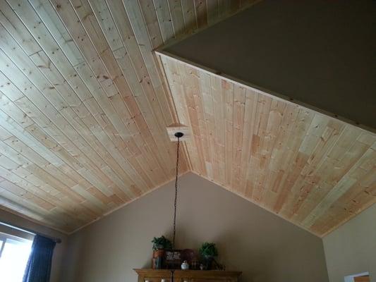 Interior tongue and groove ceiling.