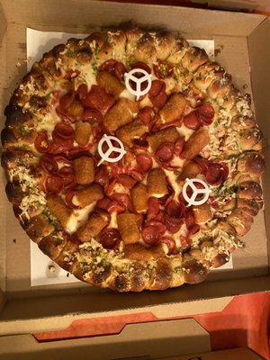 Garlic Knot Pizza with Pepperoni and Mozzarella Sticks