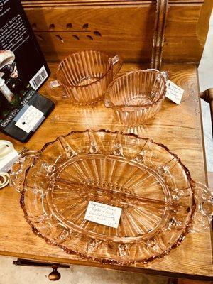 Depression Glass - "Oyster and Pearl" Design ~ Sugar & Creamer, Medium-Size Platter. Lovely.