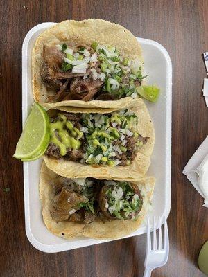 Three great tasting tacos with great homemade corn tortillas of lamb, tripe, and beef head.