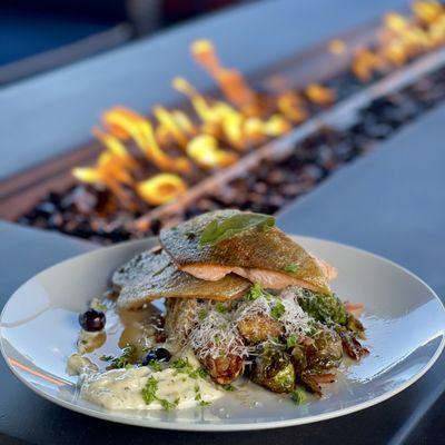 Steelhead trout with parsnips purée and Brussels