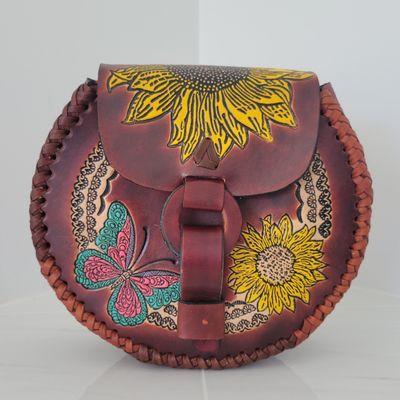 Artisanal Mahogany Sunflower/Butterfly Leather Purse
 $89.00