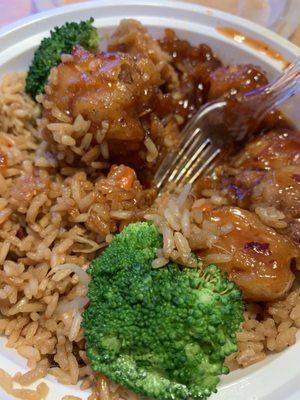 General Tso Chicken and Pork fried rice lunch