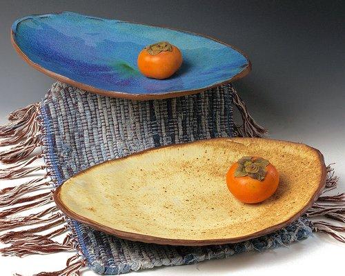 Stoneware Oval Platters in Serena Blue and Yellow Salt glaze