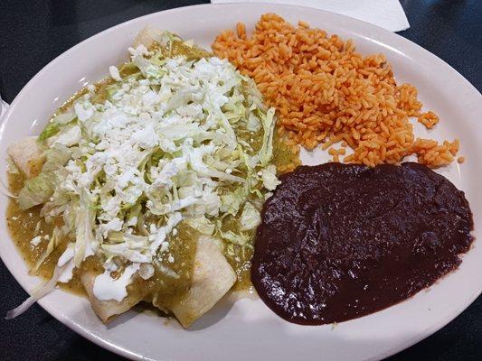 Main course... Mexican enchiladas with beans and rice