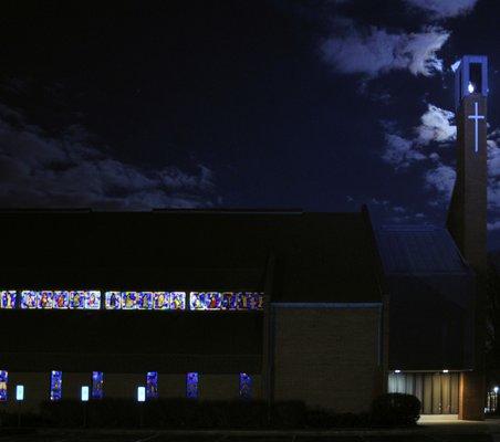 Orcutt Baptist Church at night