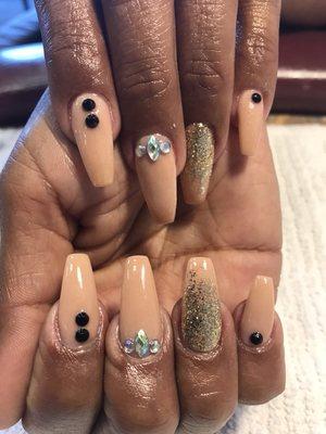 Nude gel powder with glitter ombré with rhinestone! Nails by Jennie Nguyen