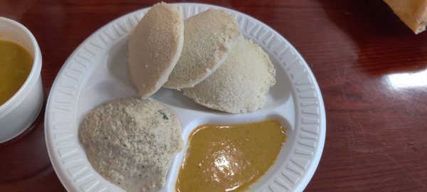 Idly with Coconut Chutney and Sambar (white bowl)