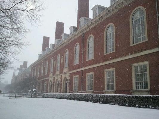 The east side of the library in the snow.