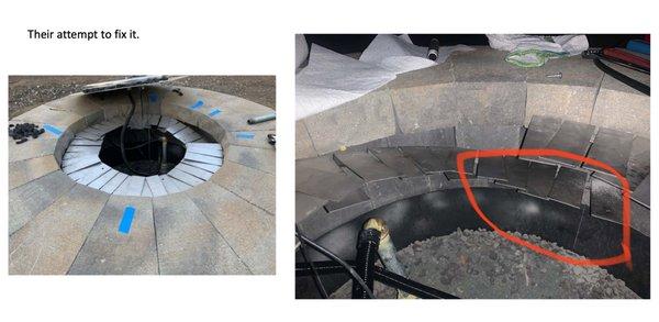 2nd attempt with cracked pavers. Incorrectly installed burner support.  Shoddy work.