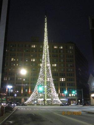 Liberty Pole lit up for Christmas in downtown Rochester.