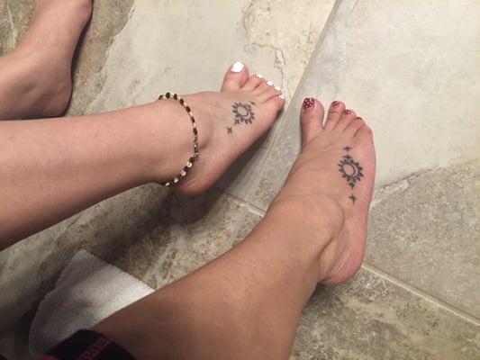 Mother and daughter tattoos (Sun, Moon and stars incorporated)