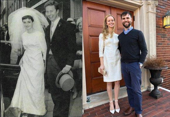 Left: My mother on her wedding day. Right: Me wearing her altered wedding dress to my rehearsal dinner.