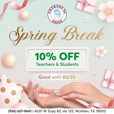 SPRING BREAK
10% OFF for Teachers & Students
Valid until 03/20

 Get ready to pamper yourself this Spring Break with our special deal